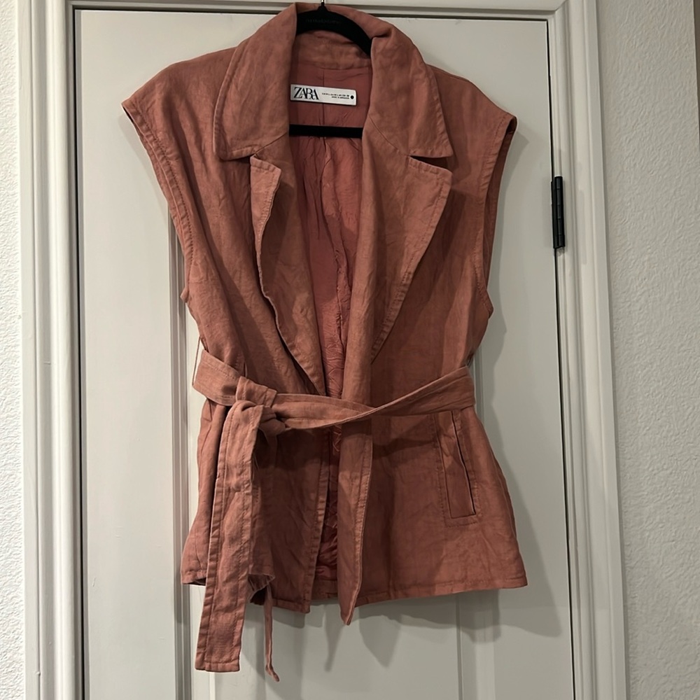 Zara linen vest blazer with belt tie- light mauve pink